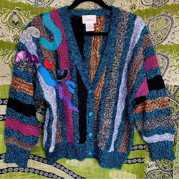 Jaclyn Smith Sweaters - Unique Vintage Jaclyn Smith Embroidered Patchwork Teal Sweater Size Large